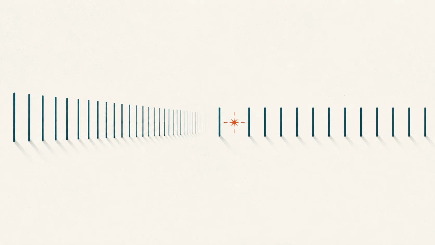 Abstract illustration of a long row of identical tick-marks that crowd together and fade, then recover their even spacing after a calm gap marked by a single coral spark, evoking repetitive annotation work and a restorative break.