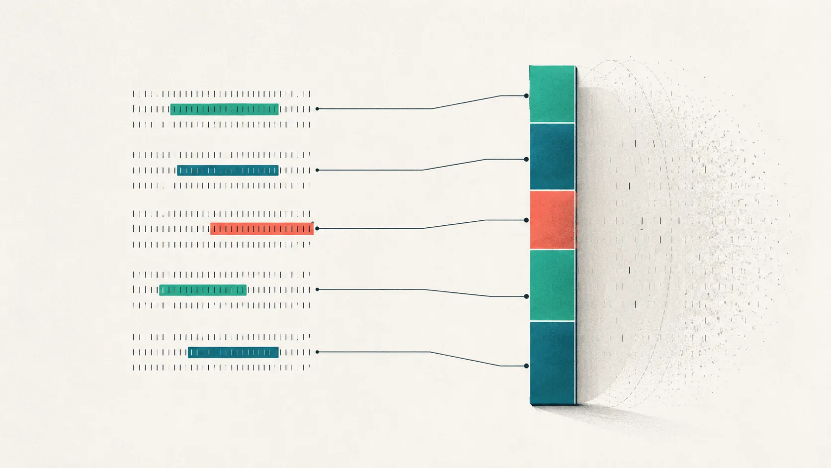 Abstract editorial illustration of several highlighted transcript spans on the left, each linked by a thin ink line to a segment of a vertical stacked bar on the right, showing a rating-scale total built from tagged evidence rather than a fading gestalt impression.