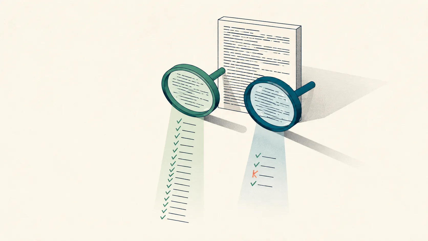 A single block of abstract statement-marks viewed through two side-by-side analytic lenses, one casting a long checklist of ticks and the other a short checklist whose single coral mark points the opposite way.