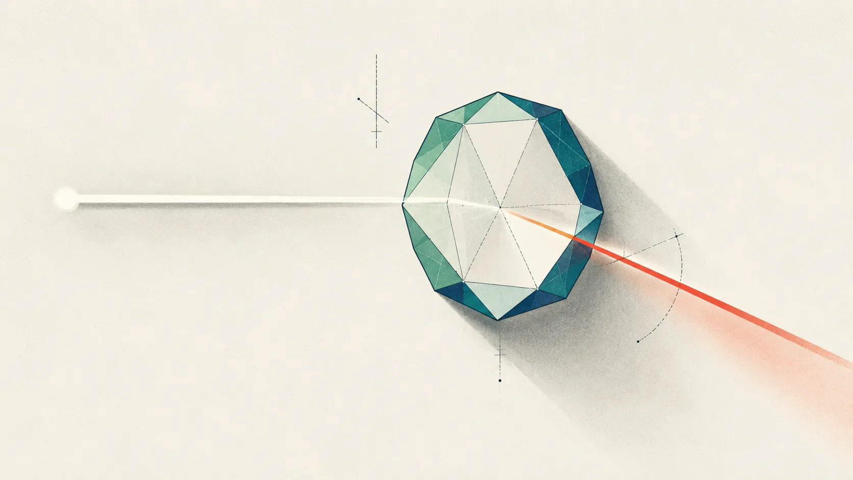 A straight line of reasoning refracted through a faceted prism and emerging bent, illustrating how cognitive distortions bias an appraisal.