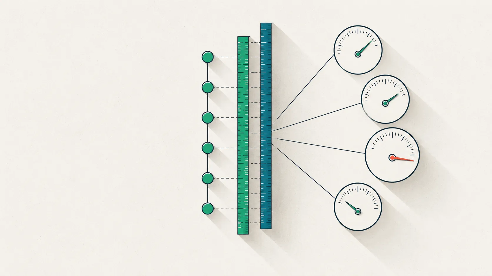 One column of rating nodes read by two slightly offset rulers and a fan of dial gauges whose needles point to different values, illustrating how different ICC forms give different reliability numbers from the same data.