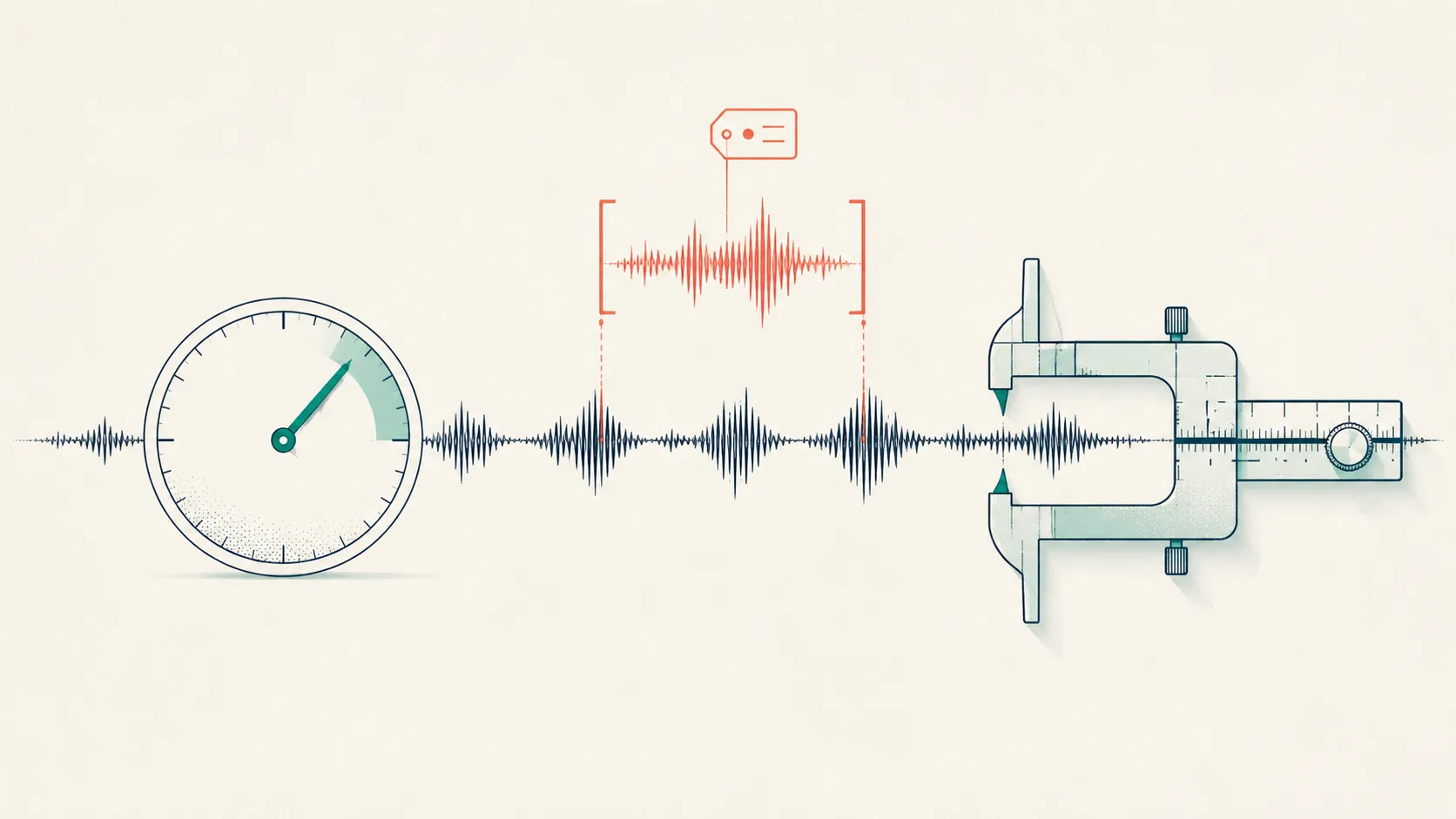 A single speech waveform read three ways—a plain self-dial, a finely-notched clinician's caliper, and a bracketed tagged span—illustrating self-report, clinician-rated, and transcript-based measurement of the same interview.