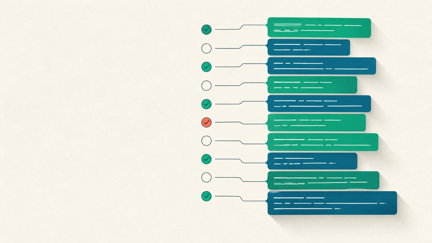 A column of tagged statement text-spans linked to a checklist of abstract criteria marks, some ticked and some empty, with one criterion highlighted in coral.