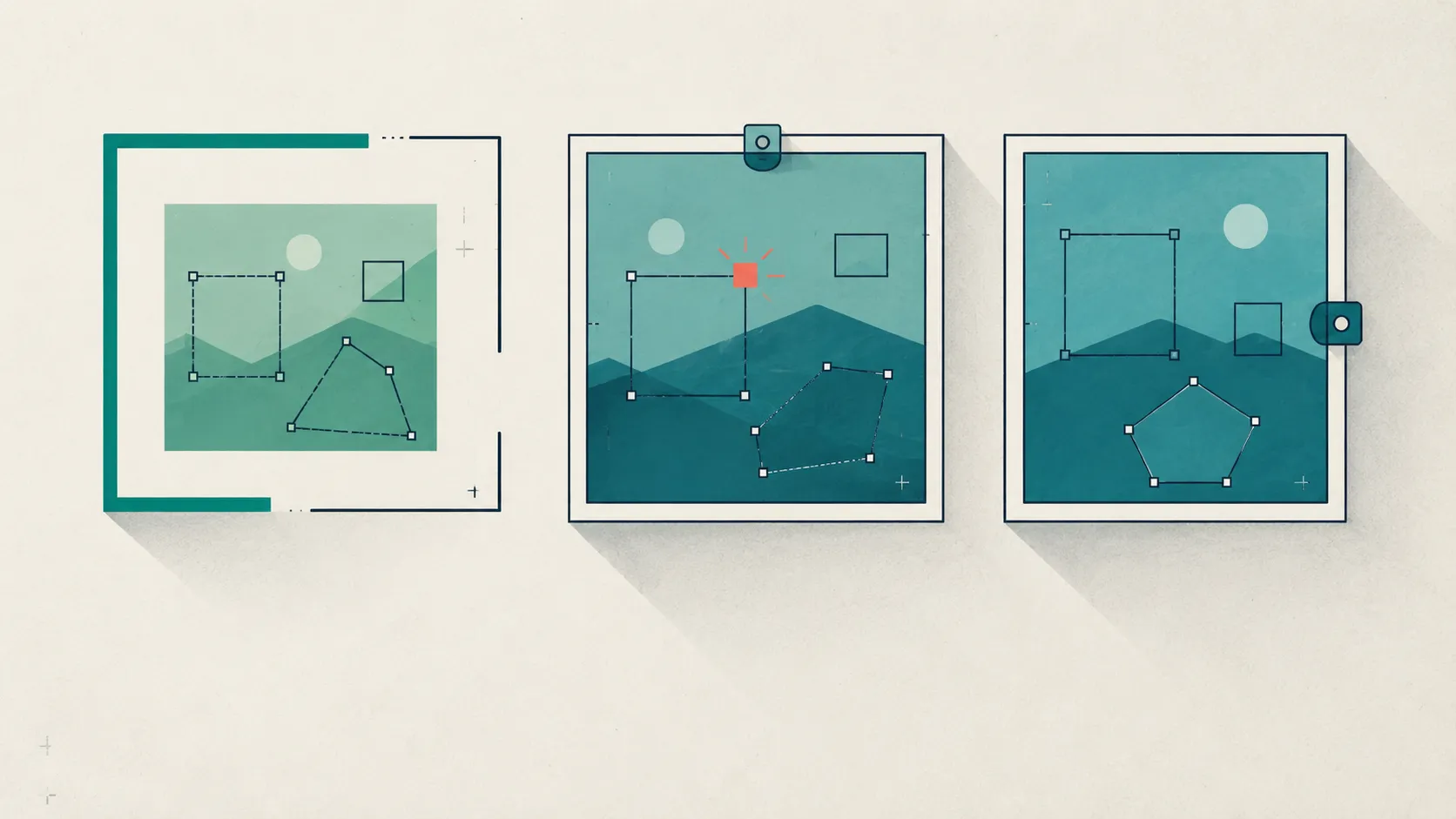 Three framed image tiles marked with bounding boxes and polygons — one open at a corner, two sealed with a clasp — with a single coral auto-label spark, contrasting open-source and enterprise computer-vision annotation tools.