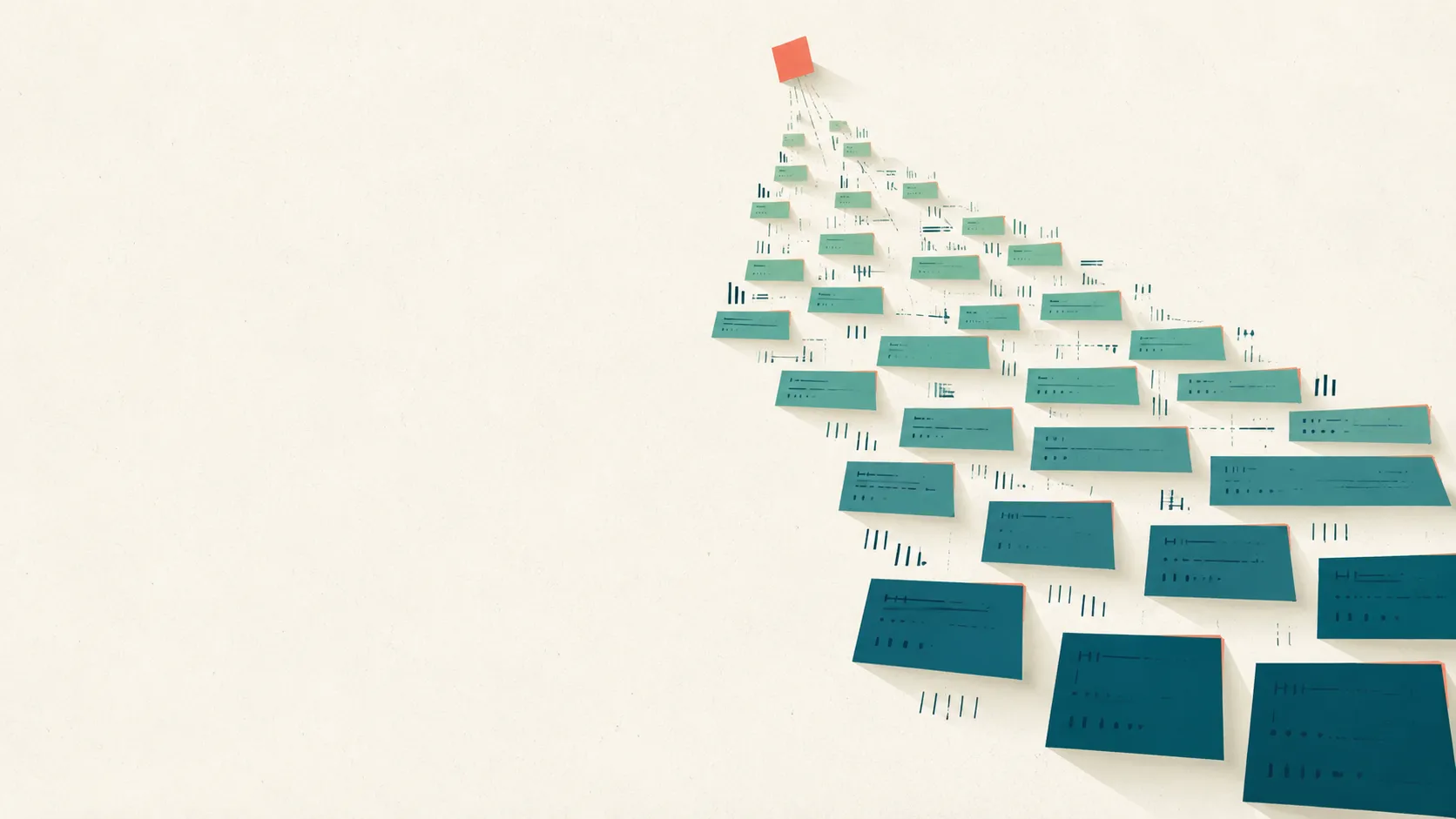 Abstract illustration of one off-color tile at the top spawning a widening downward cascade of green and teal label-tiles, depicting a single upstream data error compounding downstream.