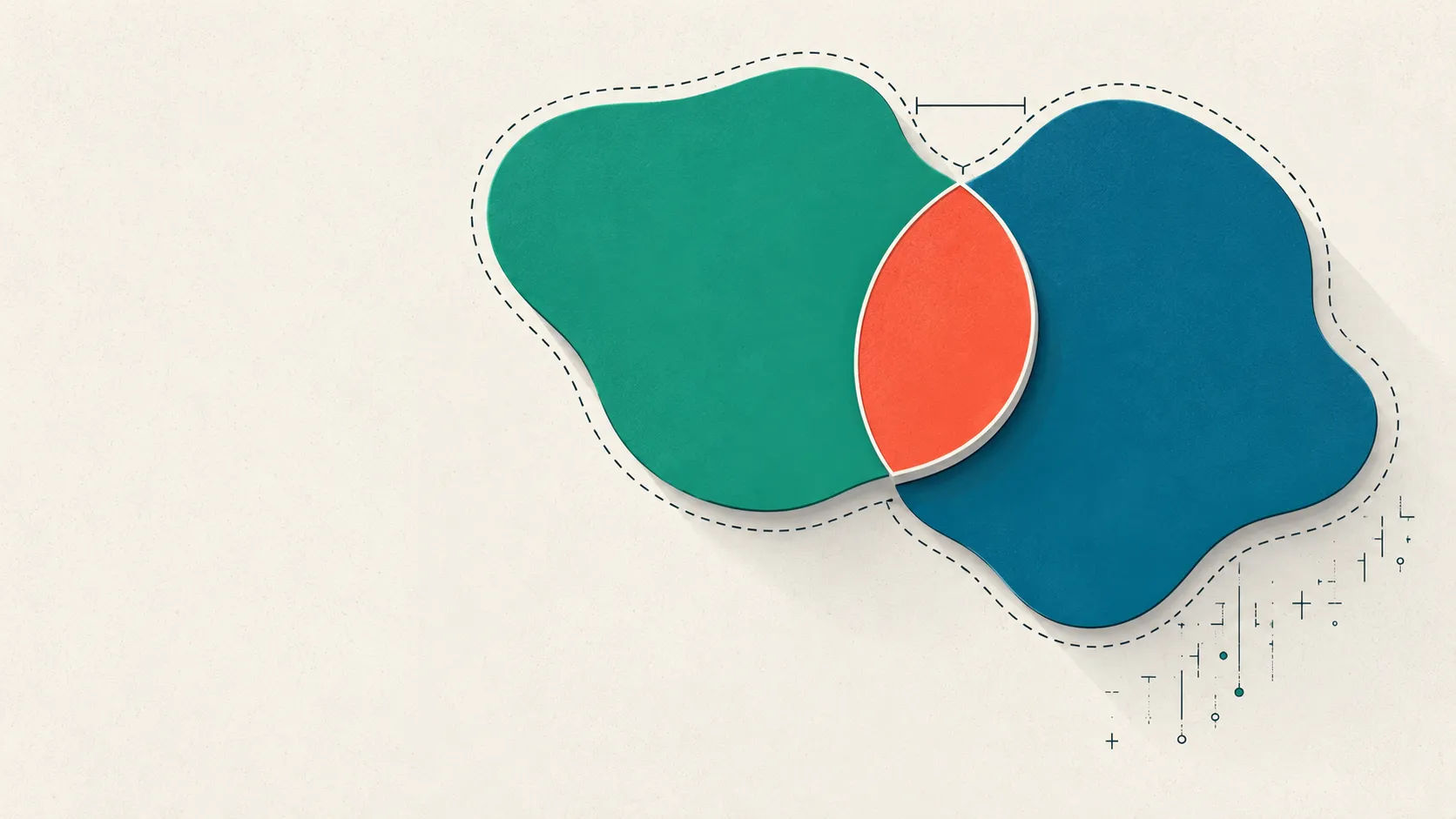 Two overlapping abstract blobs in green and teal whose shared intersection is highlighted in coral, with a faint dashed line measuring the distance between their boundaries.