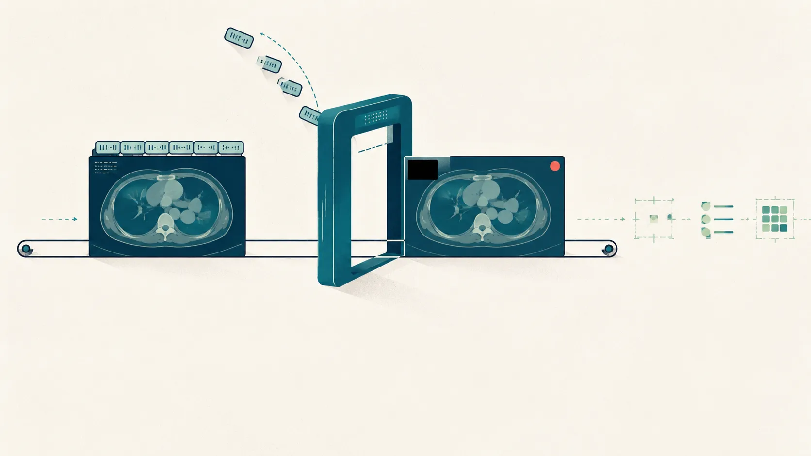 A flat-vector medical scan passing through a cleaning gate that strips a row of header tags and blacks out burned-in corner marks before the image enters an annotation pipeline, with a single coral marker on the cleaned frame.