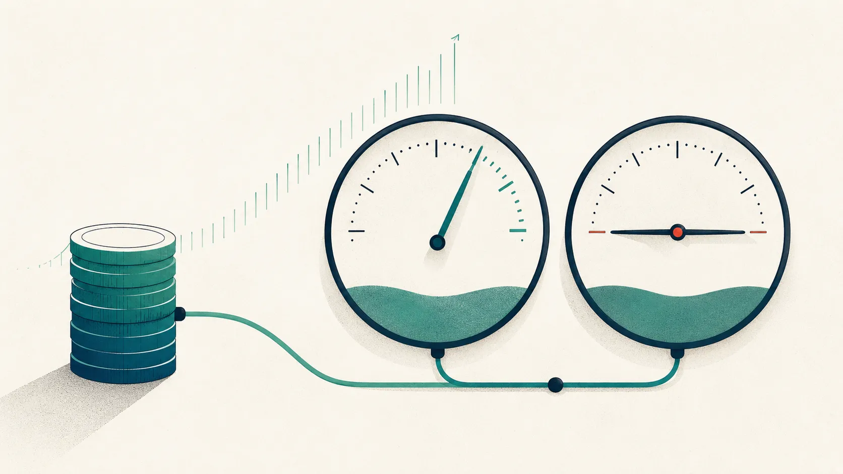 Two connected dials fed by a stack of coins: the quantity dial swings high while the quality dial stays flat at center, illustrating that higher pay raises output but not accuracy.