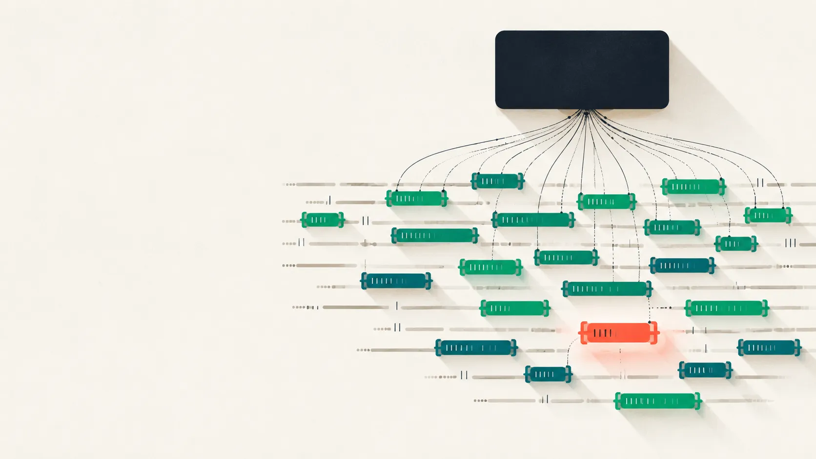One large diagnostic-label shape unfolding into many small bracketed, color-tagged spans over an abstract transcript band, with a single coral-highlighted tag — showing a diagnosis resolved into observable annotatable phenomena.