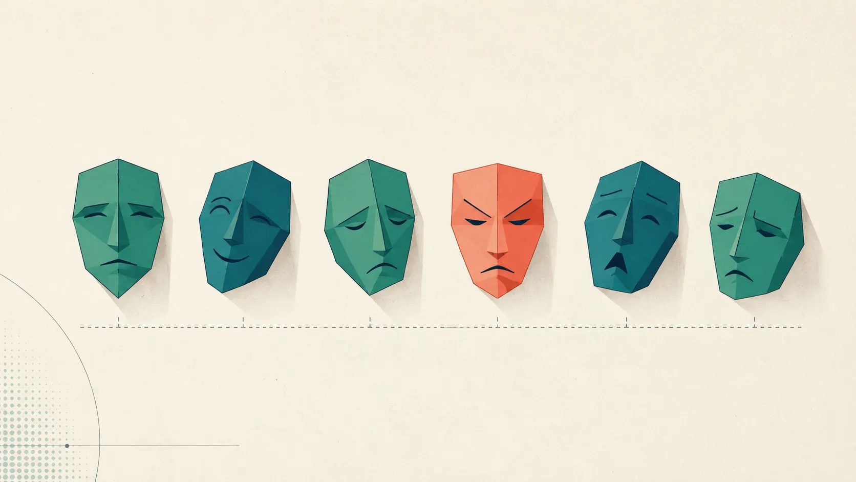 Six minimal geometric face-shapes in a row, illustrating Ekman's six basic emotions as a label set.