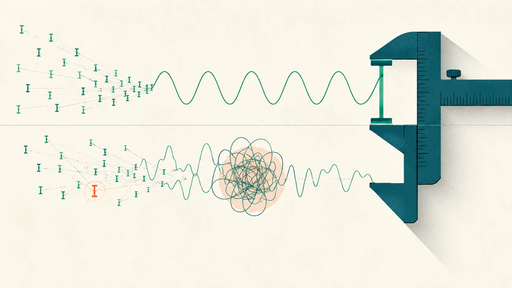 A single precise expert tick-mark resolves a waveform on the right, while a converging cluster of many small crowd tick-marks on the left agrees on a simple signal but scatters, highlighted in coral, on a tangled one.