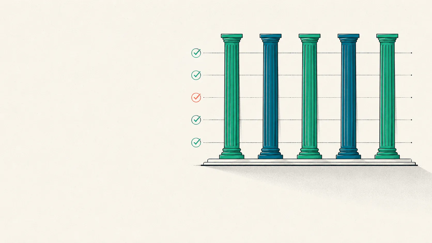 Five equal upright columns on a shared baseline, each marked with an abstract checklist tick and joined by fine ledger lines, one tick highlighted in coral — the five Fairwork principles rendered as an auditable standard.