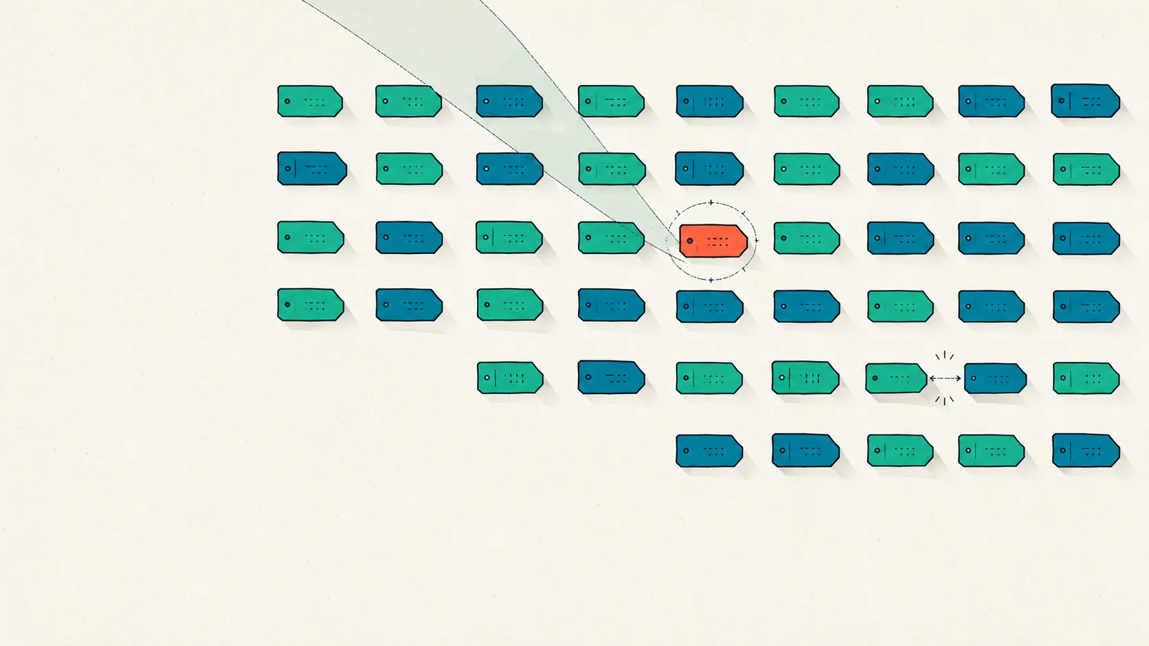 A grid of small flat label tags, most in green and teal, with a single coral tag highlighted by a sweeping lens as the detected label error, and two near-identical tags mismatched in color.