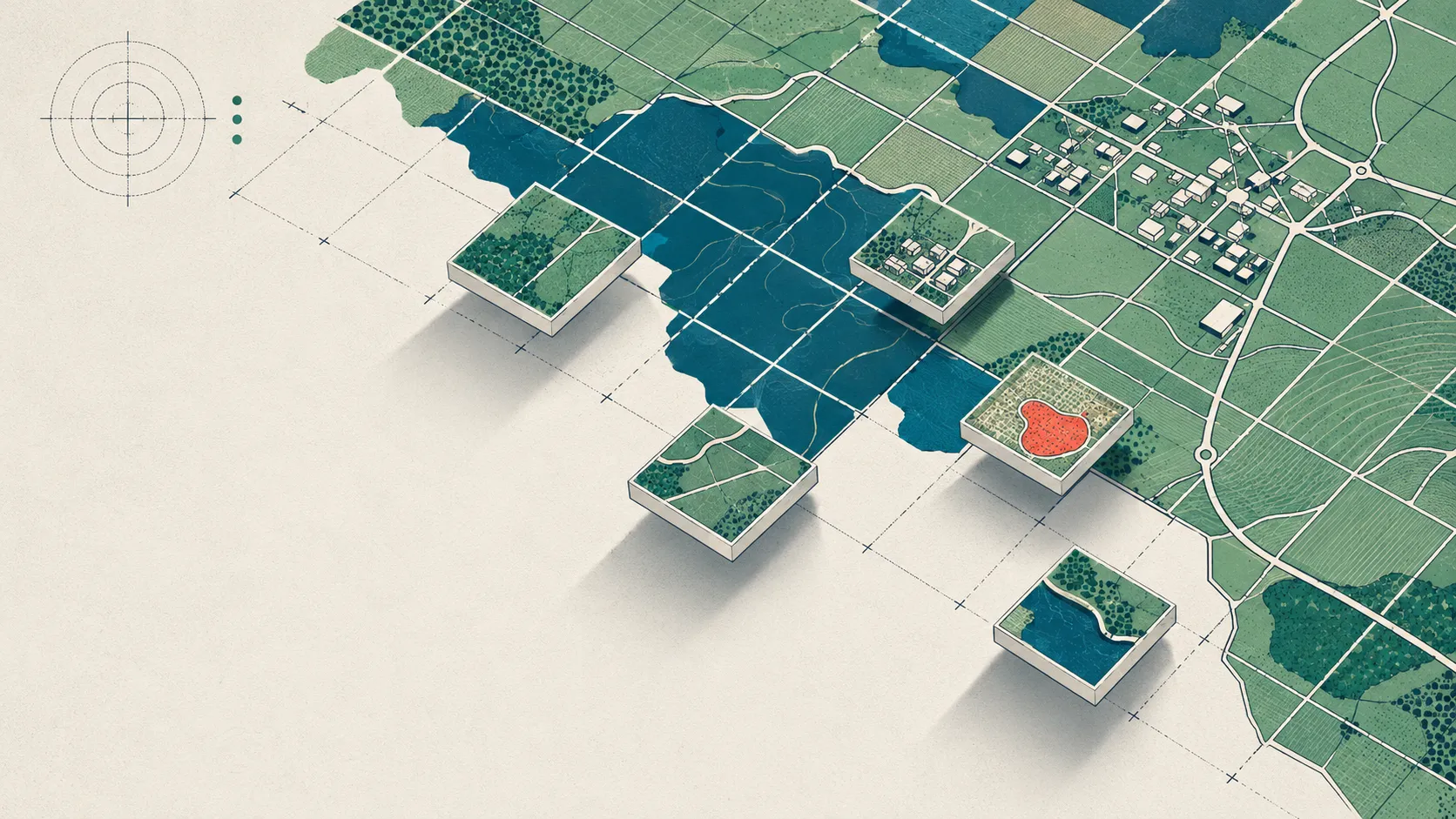 A stylized overhead map of fields, water, roads, and building blocks overlaid with a tiling grid; several tiles lift away as labeled chips, one marked with a single coral accent for a rare feature, with small corner crosshair ticks suggesting georeferencing.