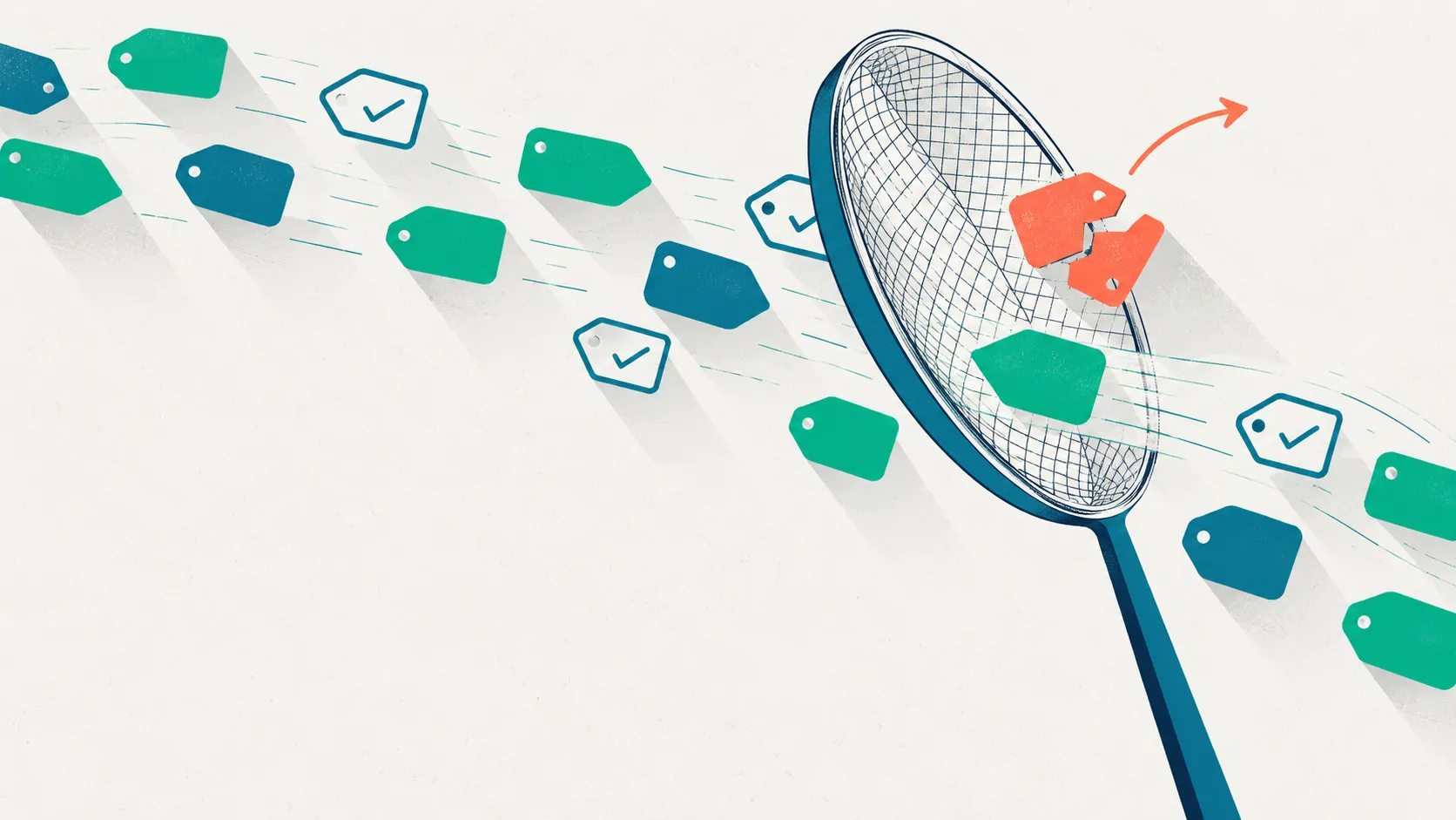 A stream of small tag shapes passing through a fine sieve that lifts out one broken coral tag while an intact green tag flows through, illustrating annotation quality checks that catch bad work without discarding legitimate disagreement.