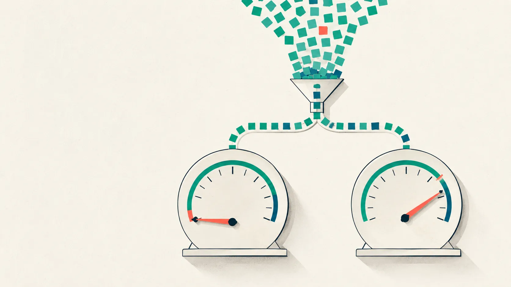 Two identical gauges read the same heavily skewed pile of tokens: the left needle collapses toward zero while the right needle holds high, illustrating how one chance correction breaks under lopsided prevalence while another stays stable.