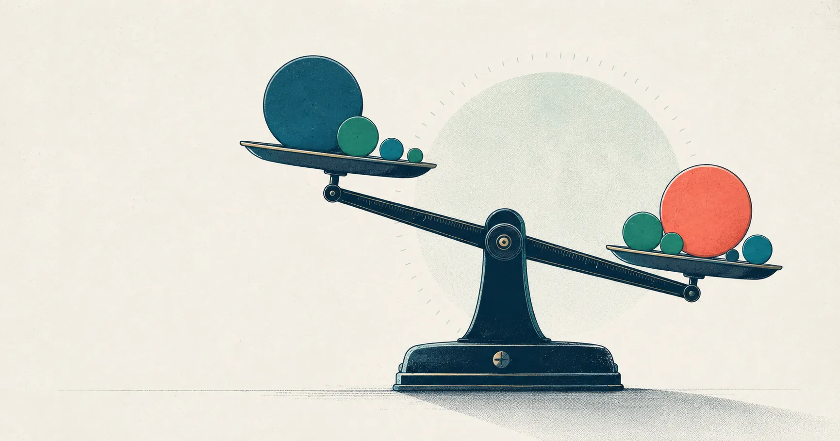 An off-balance analog scale holding unevenly sized weights, evoking the HAM-D's uneven item weighting and its status as the historical trial standard.
