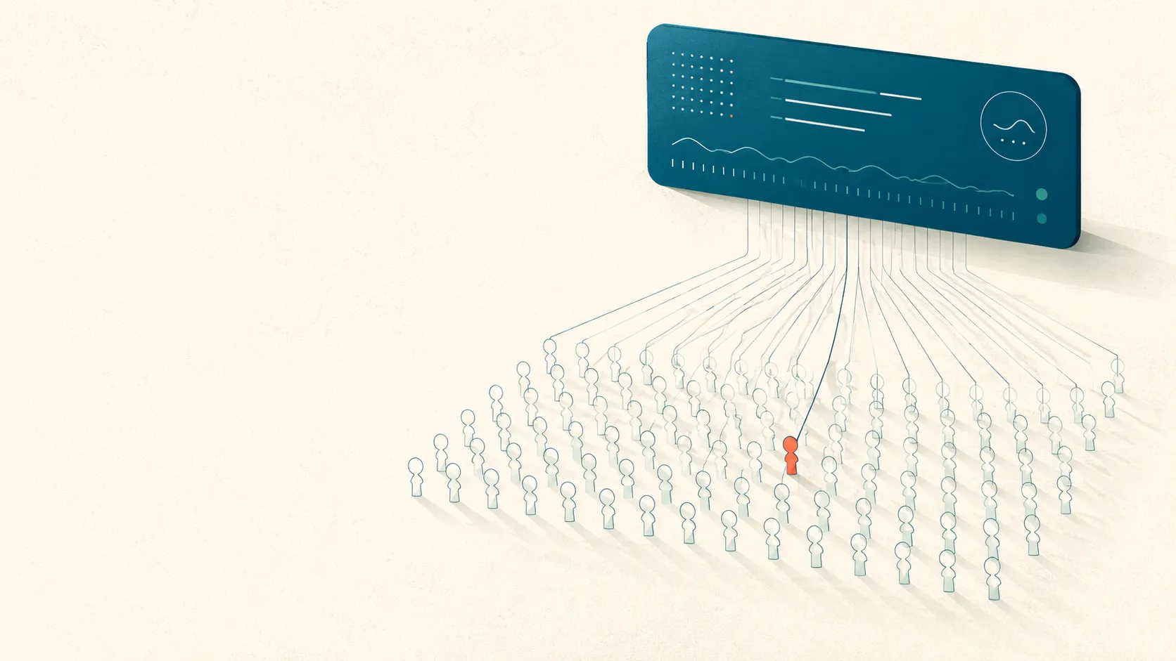 Abstract editorial illustration of a polished automated interface panel held up from below by rows of many faint, identical ghosted worker figures, with one figure highlighted in coral, on a warm off-white background.