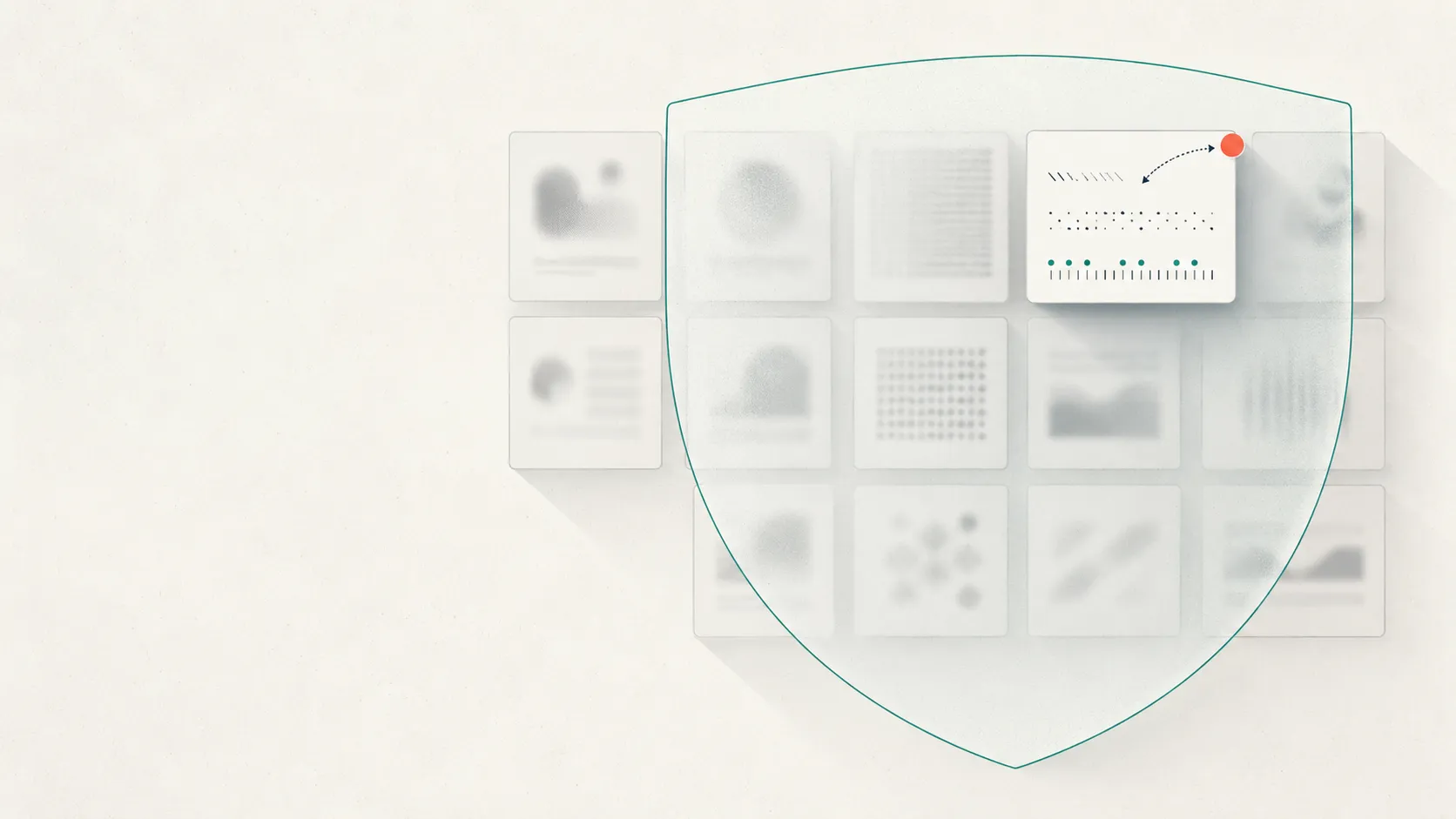 Abstract editorial illustration of a grid of blurred, grayscale content cards behind a translucent protective shield, with one card gently revealed to show neutral tick-marks, and a single coral reveal control.