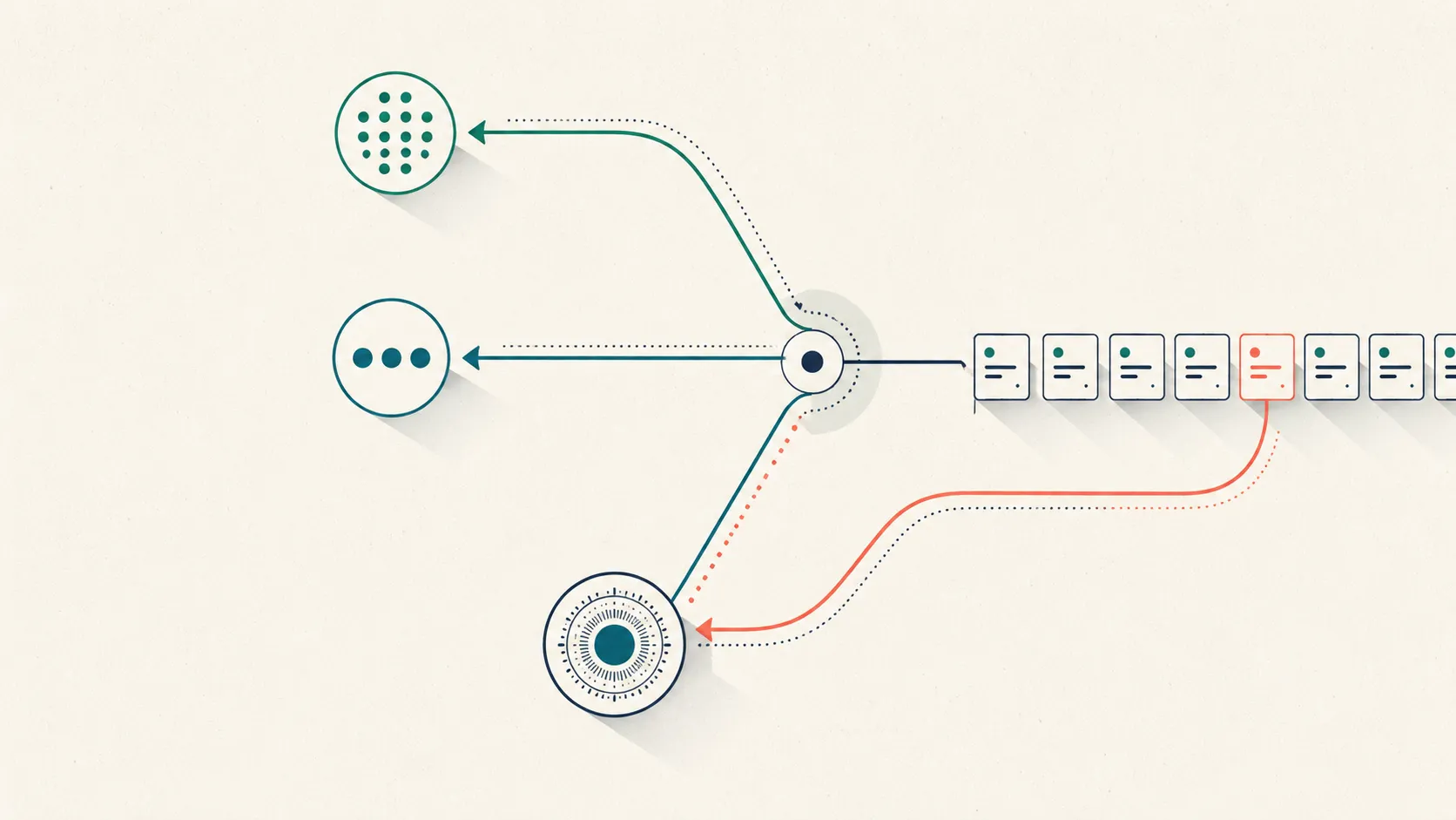 A stream of identical task tiles fans through a sorting junction into three lanes—many small dots, a few medium marks, and one detailed precision mark—with a single coral-highlighted tile routed to the expert mark, illustrating matching annotator background to task.