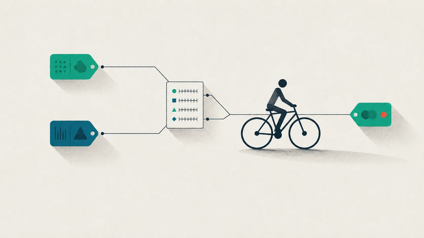 A single stylized street object approached by two annotators whose colored label-tags diverge, then converge onto one class after a small decision-log card is added between them.