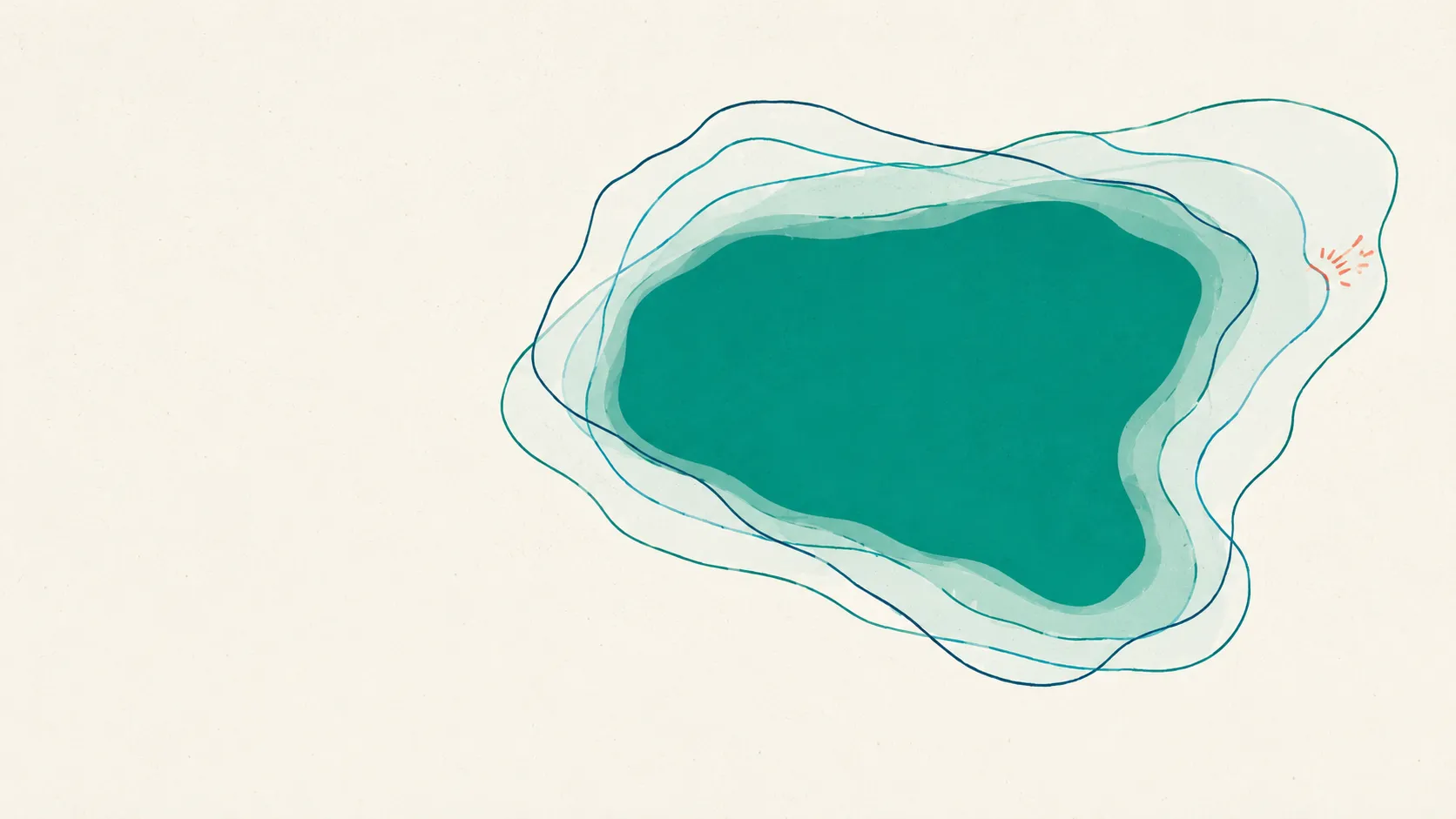 Several translucent, slightly offset outlines of one shape overlaid so their shared center forms a solid green-teal consensus region, with a single coral tick-mark on the most disputed boundary.