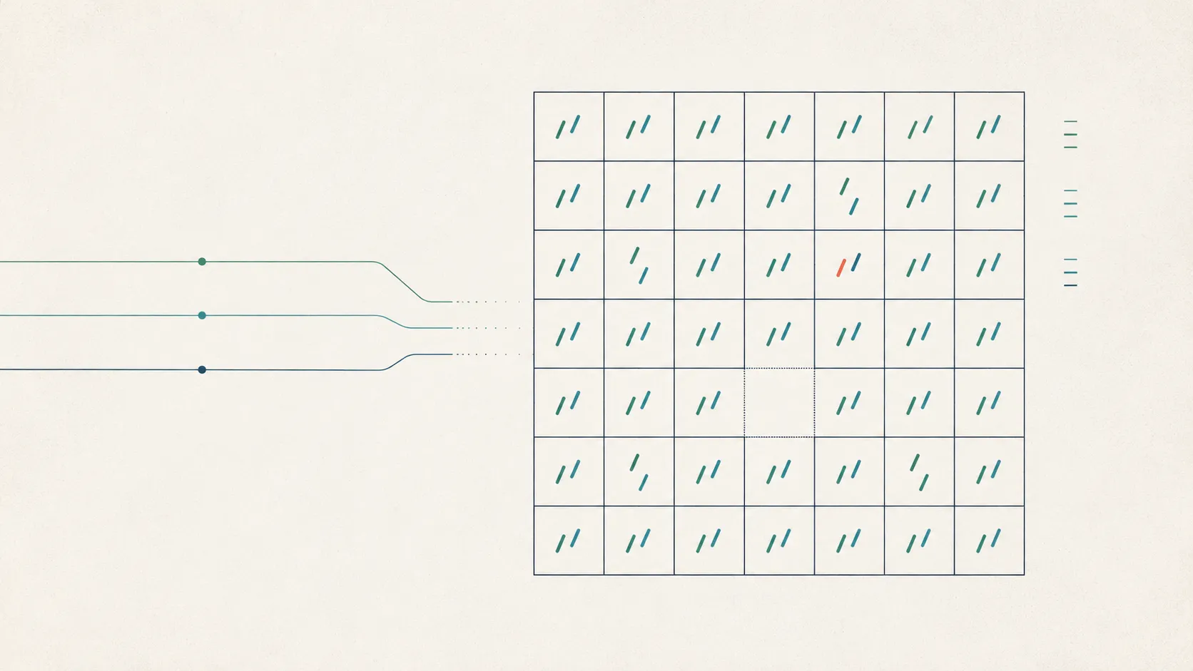 An abstract grid of paired tick-marks where most pairs align in green and teal, a few sit slightly offset to show disagreement, one cell is left blank to represent a missing rating, and a single coral mark highlights the lone divergence.