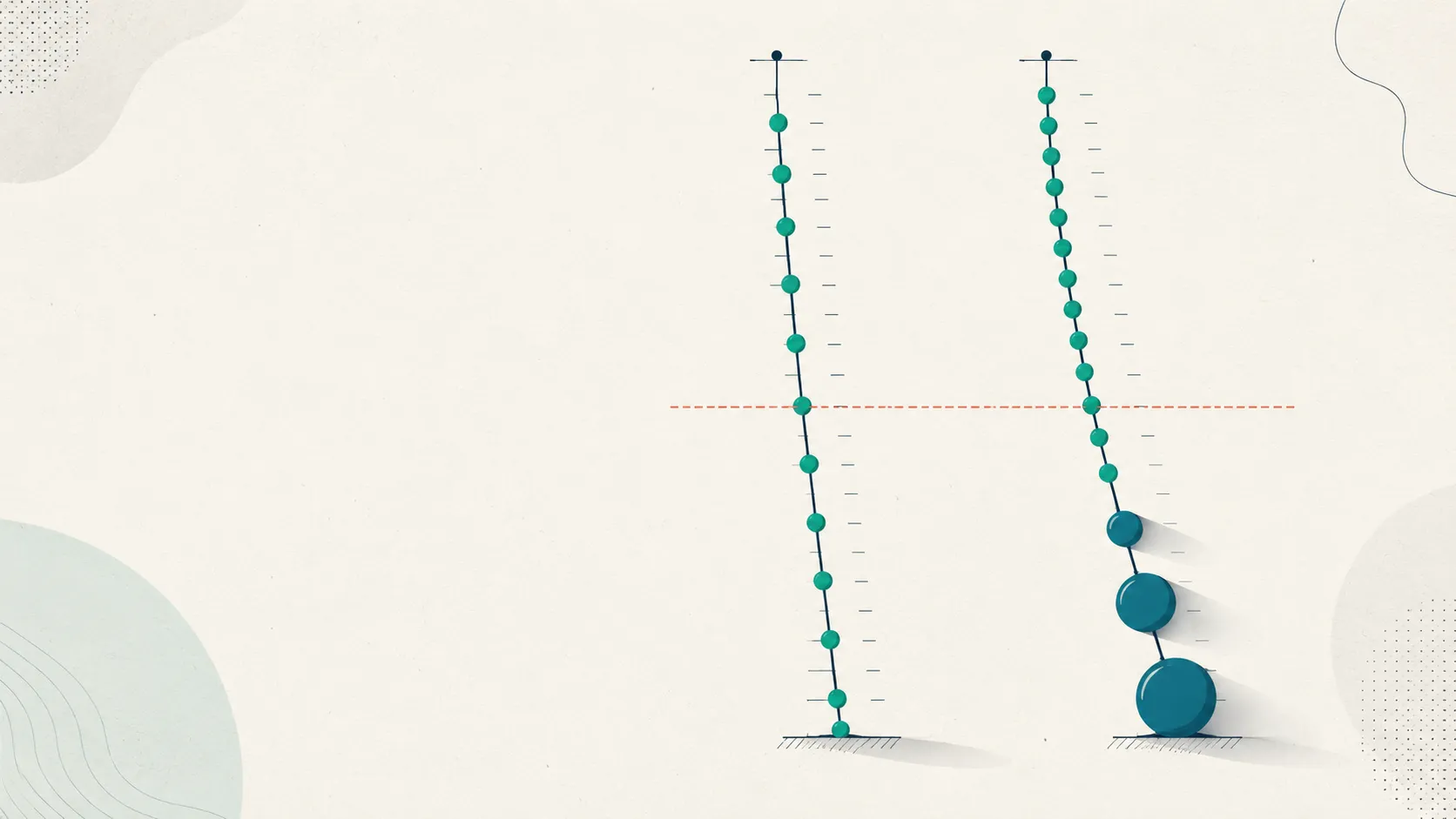 Two side-by-side gauges — a lean ten-mark column and a denser seventeen-mark column with heavier somatic segments at its base — joined by a faint crosswalk arc, with one coral mark on the shared remission cutoff, contrasting MADRS and HAM-D.