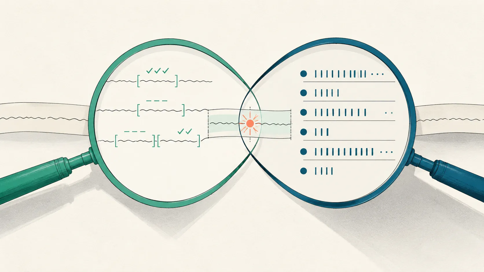 Two facing reading lenses examine the same speech-transcript ribbon: one resolves it into the client's bracketed change-and-sustain-talk tags, the other into the clinician's counted behavior tallies, with a single coral spark at the utterance both capture.