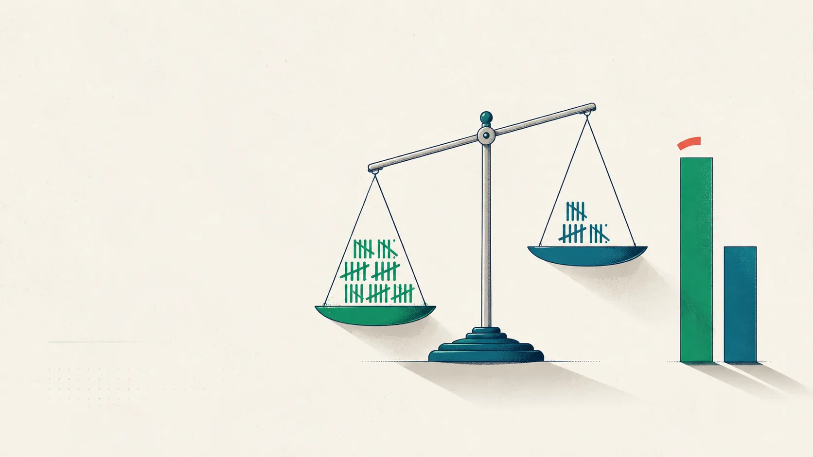 A balance scale weighing two stacks of tally-marks against each other beside two proportioned bars in a roughly two-to-one ratio, illustrating MI-consistent versus MI-inconsistent behavior counts and the reflection-to-question ratio.