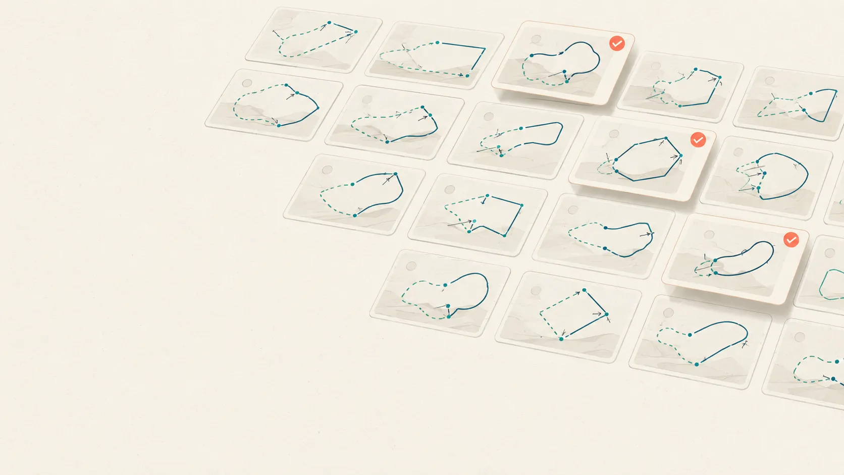 A grid of image-frame cards where faint dashed model-drawn outlines are being corrected into crisp solid outlines, with three uncertain cards lifted and flagged by a single coral tick for labeling next.
