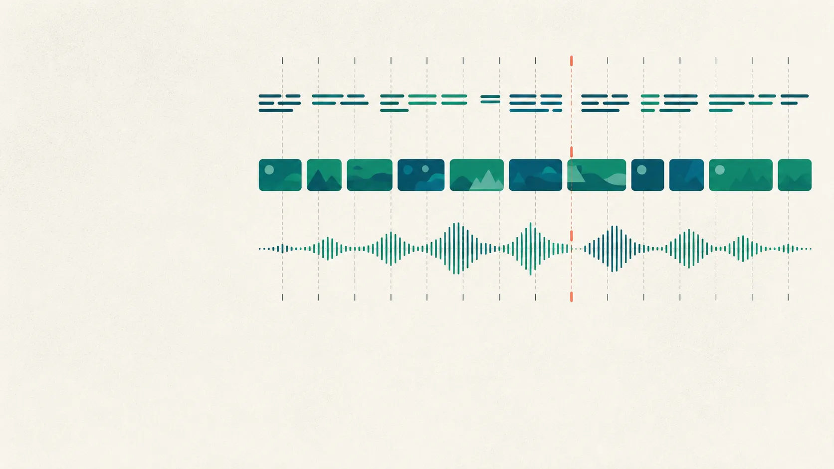 Abstract flat-vector illustration of three horizontal tracks—a line of text, a strip of image frames, and an audio waveform—running left to right, with fine vertical guide lines tying the same moment across all three, and one coral tick marking where they align.