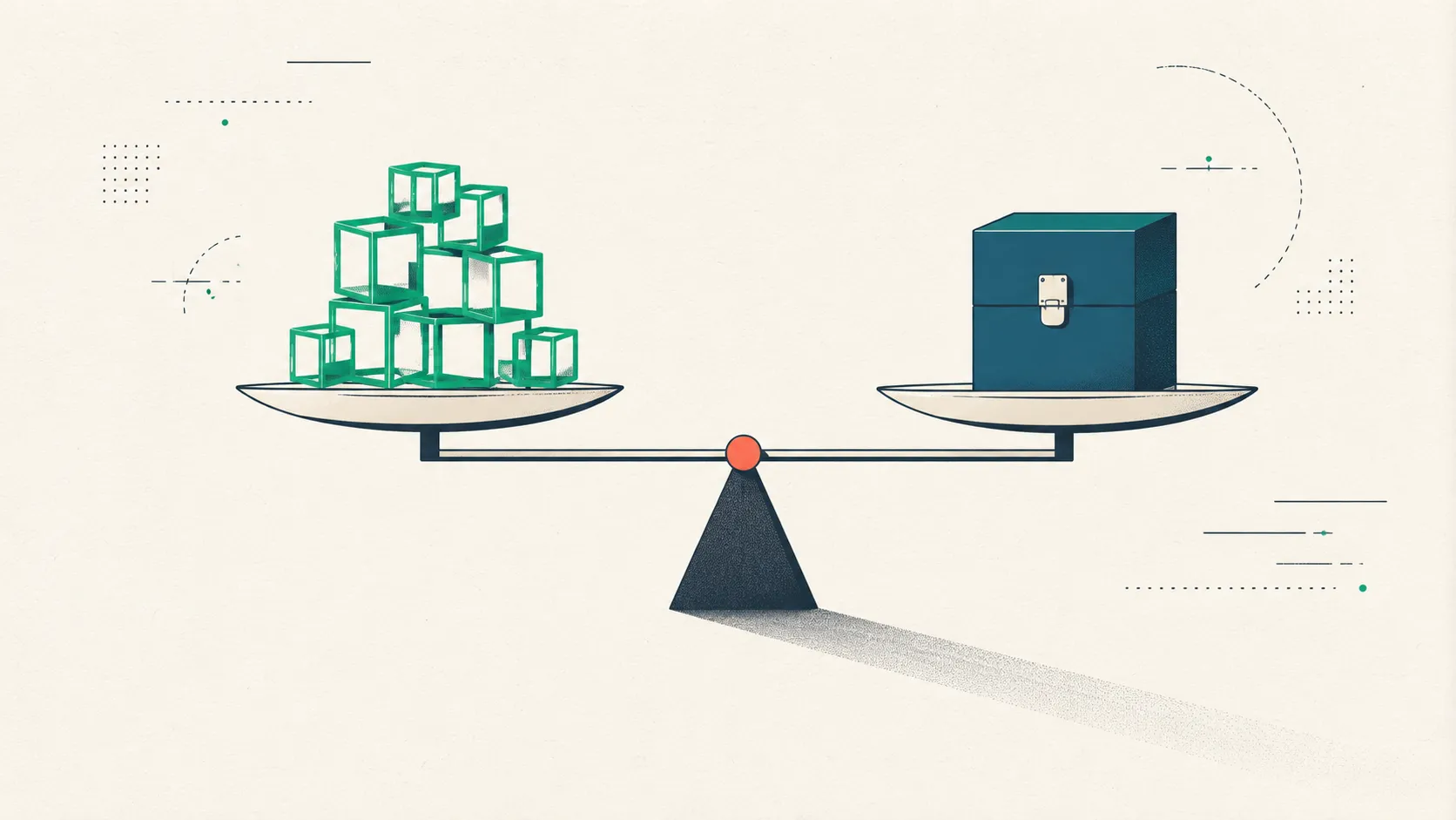 A balance beam weighing a cluster of small open modular blocks against a single sealed monolith block, its fulcrum marked in coral — the trade-off between open-source and commercial annotation tools.