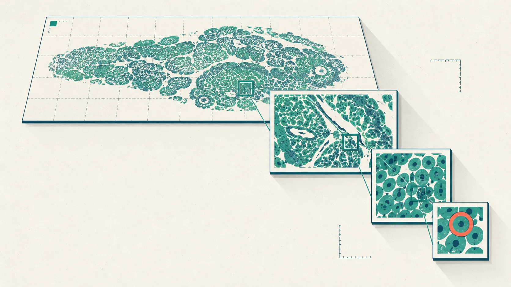 Abstract flat-vector illustration of a whole-slide pathology image as a three-level resolution pyramid, zooming from a tiled full slide down to a cluster of cells, with a single coral ring marking one cell.