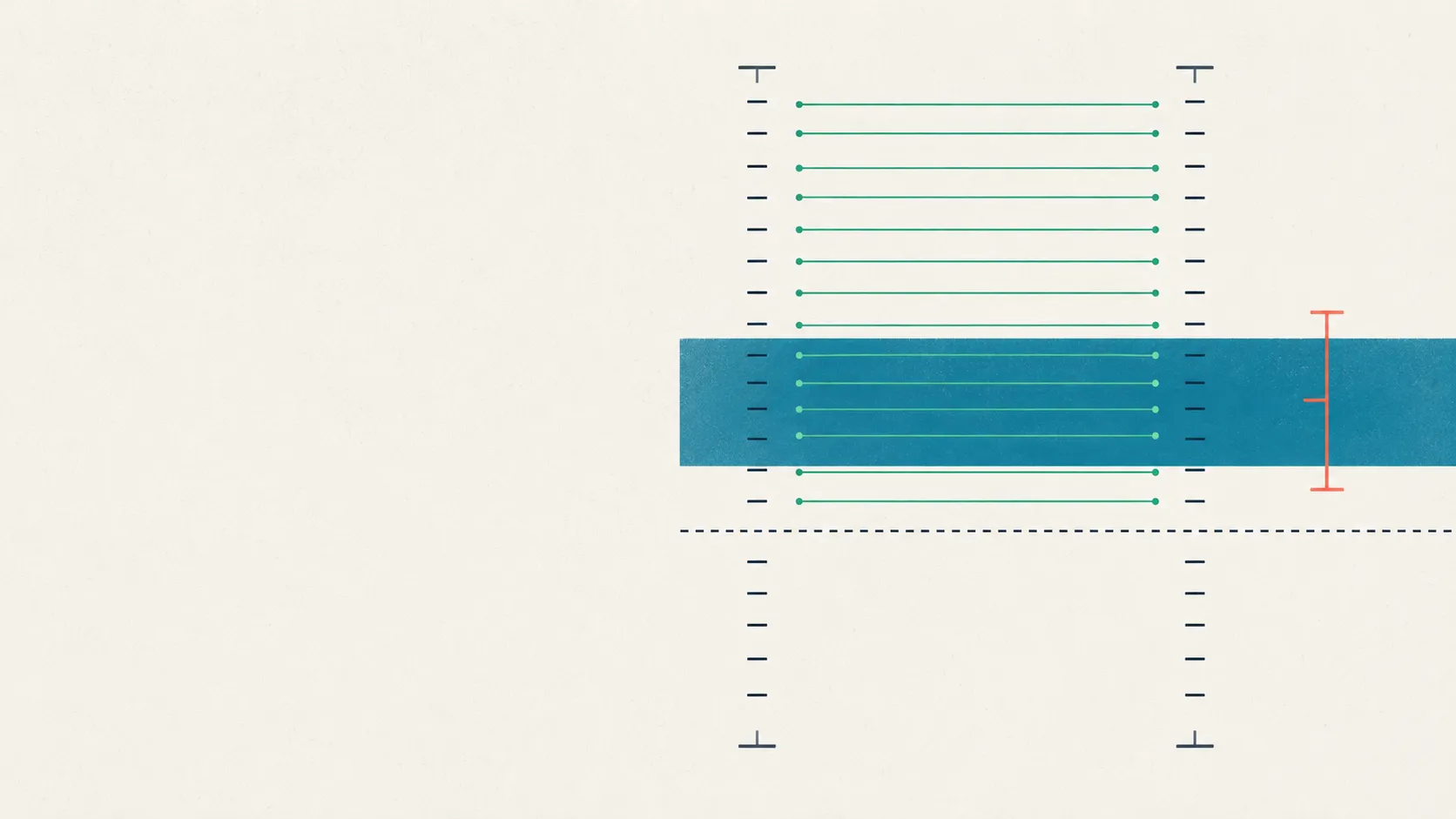 Two columns of abstract tick-marks linked by thin green lines showing matching coder labels, a teal agreement band wrapped by a coral confidence-interval bracket, above a faint dashed chance-floor line.