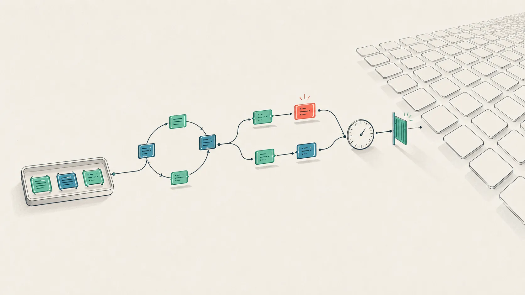 A small tray of a few labeled sample tiles feeds a loop that measures, forks into two coder paths, converges, and only then opens a gate to a much larger grid of unlabeled tiles.