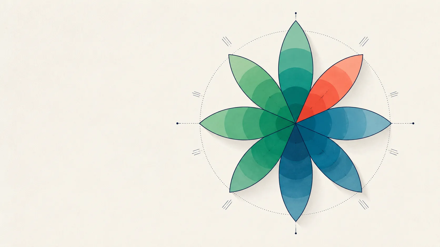 An abstract eight-petal radial wheel with graded tones, illustrating Plutchik's eight primary emotions and their intensities.