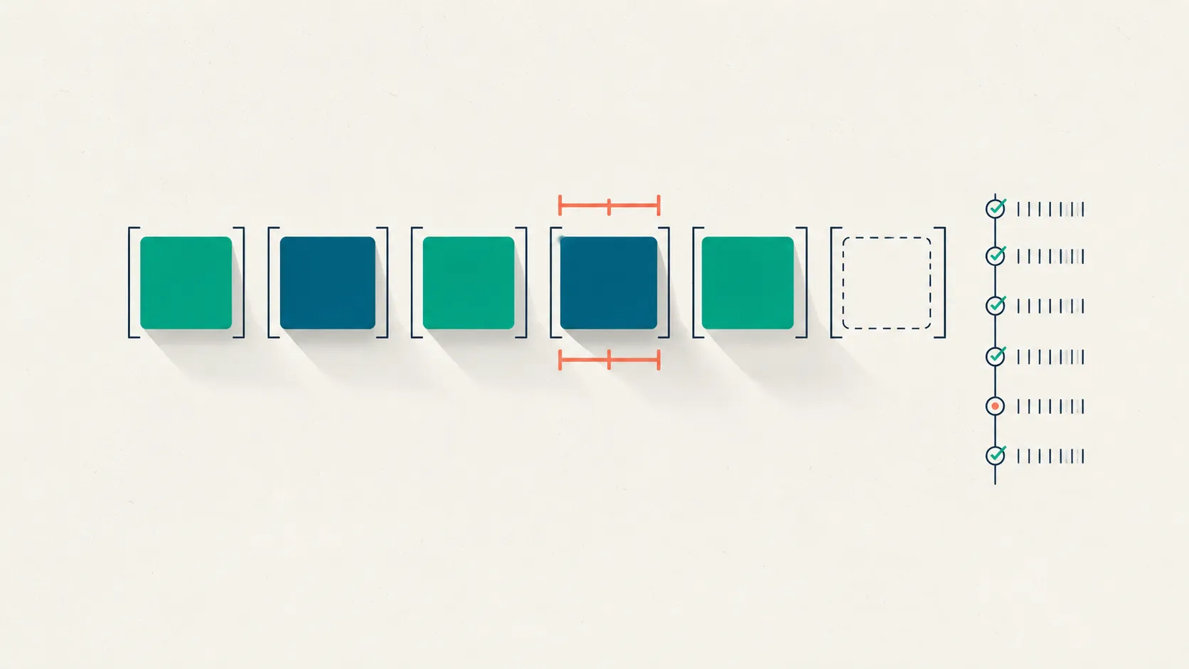 A methods paragraph shown as a row of bracketed blank slots being filled with green and teal blocks beside a checklist of tick-marks, with one slot marked by a coral confidence-interval bracket.