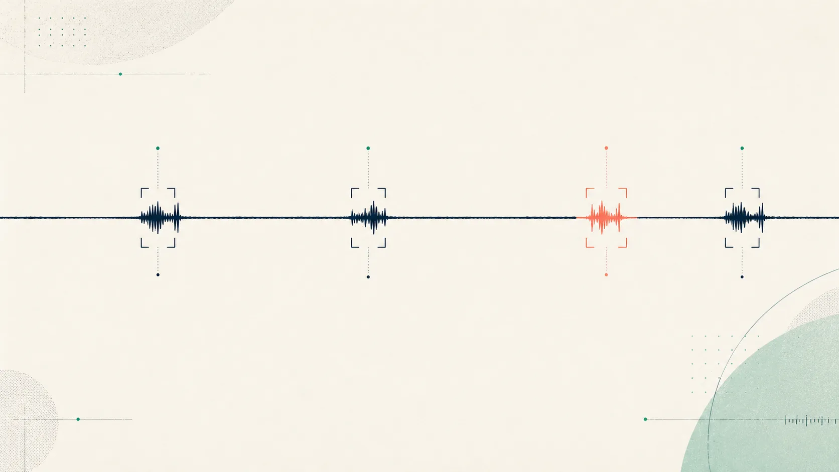 A sparse speech waveform on a wide pale field, mostly flat silence with a few short bracketed segments, illustrating poverty of speech as a measured absence.