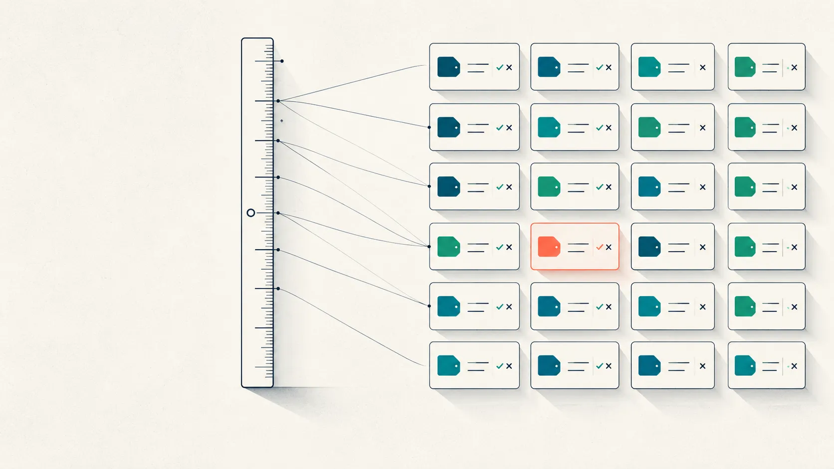 A vertical rating scale with tick-marks expands rightward into a grid of codebook entry cards, each showing a color tag, a definition line, and an include/exclude mark, one card highlighted in coral.