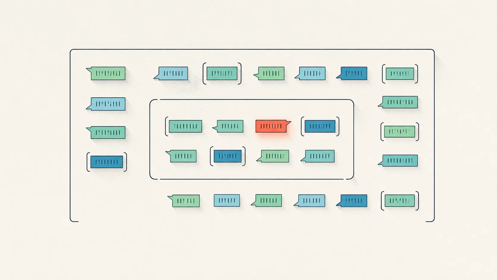 Two nested frames of tagged speech spans, a smaller set sitting inside a larger set, illustrating the SAPS positive formal-thought-disorder subscale in relation to Andreasen's TLC scale.