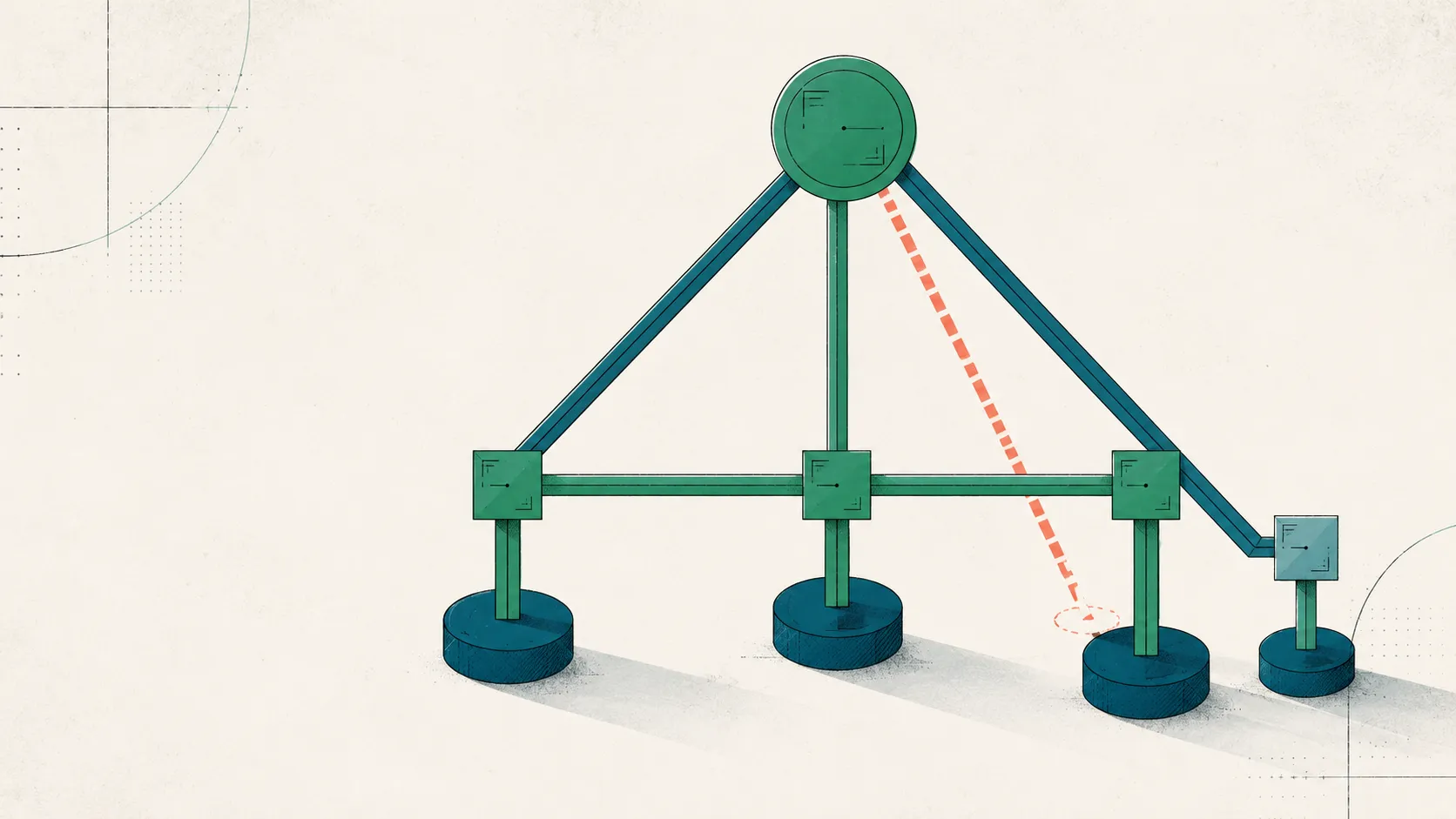 An argument as a supported scaffold with one dashed ghosted beam for the implicit warrant, illustrating the Toulmin model.